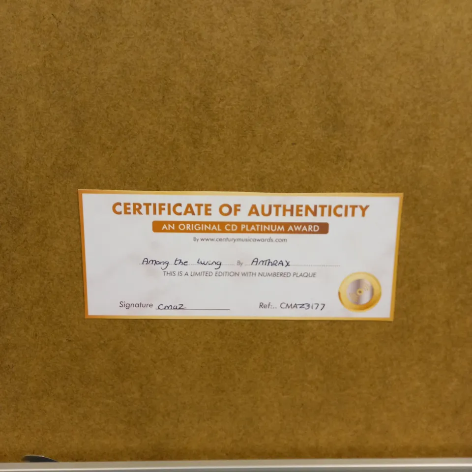 ANTHRAX AMONG THE LIVING LIMITED EDITION PLATINUM DISC - NO 13 OF 20