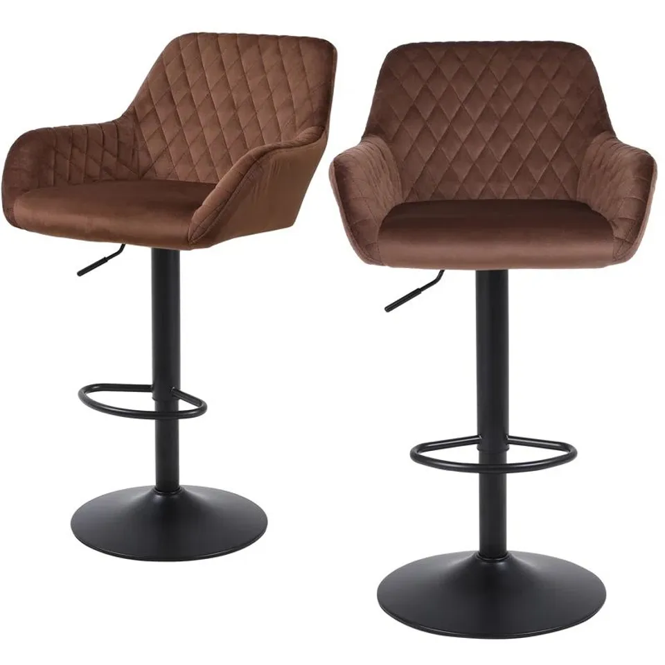 BOXED PAIR OF VELVET SWIVEL ADJUSTABLE HEIGHT UPHOLSTERED BAR AND COUNTER STOOLS - BROWN  