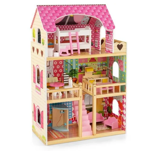 BOXED COSTWAY PINK KIDS WOODEN DIY PRETEND HOUSE 