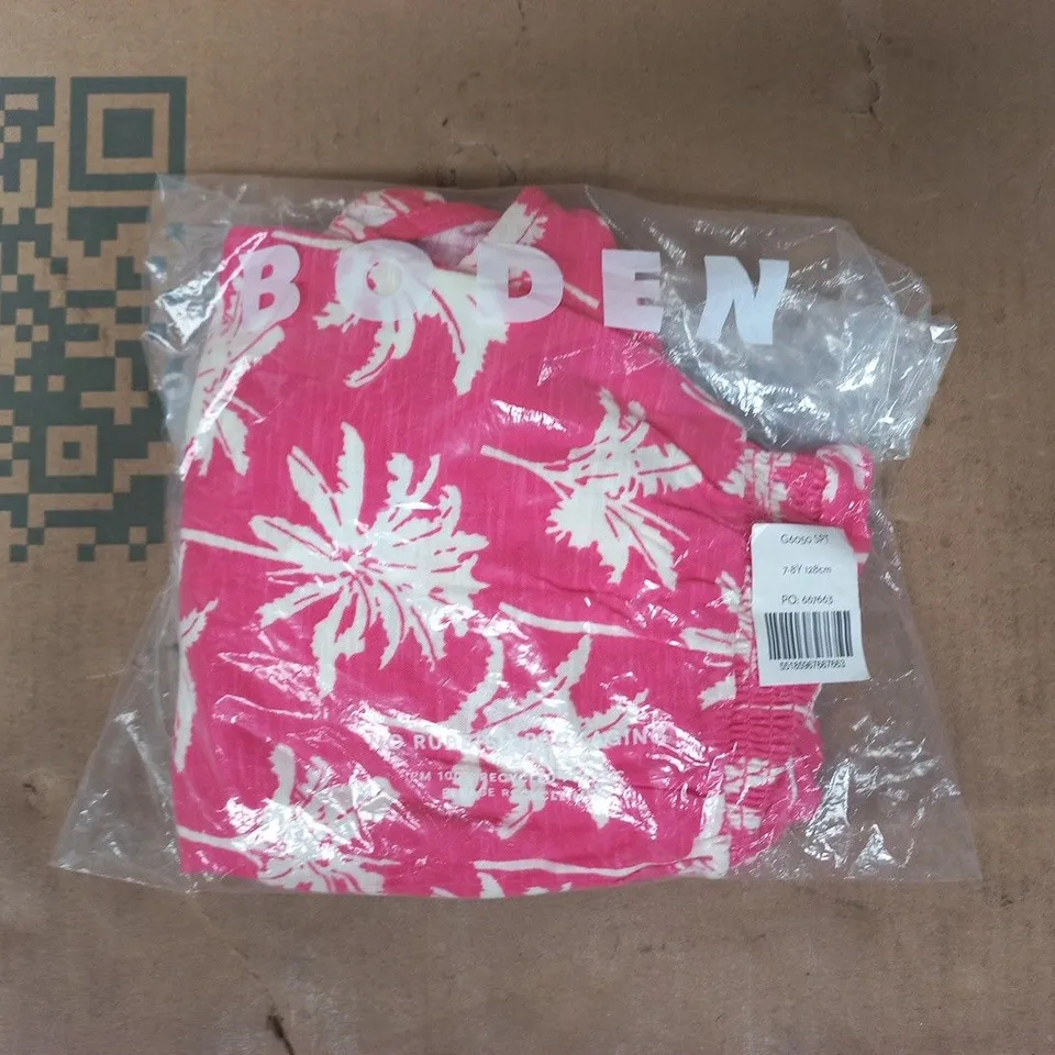 BAGGED BODEN CIARA POM TRIM JERSEY PLAYSUIT - PINK PALM TREES SIZE 7-8 YEARS