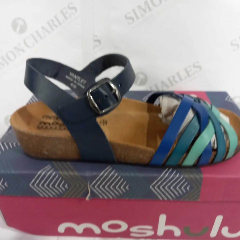 BOXED PAIR OF MOSHULU -'YANTLET' STRAPPY LOW WEDGE SANDALS - INDIGO - SIZE: 6