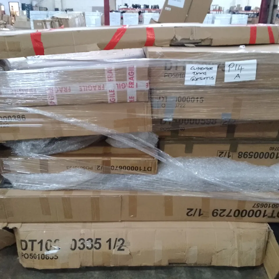 PALLET OF ASSORTED FLAT PACK DINING TABLE PARTS 