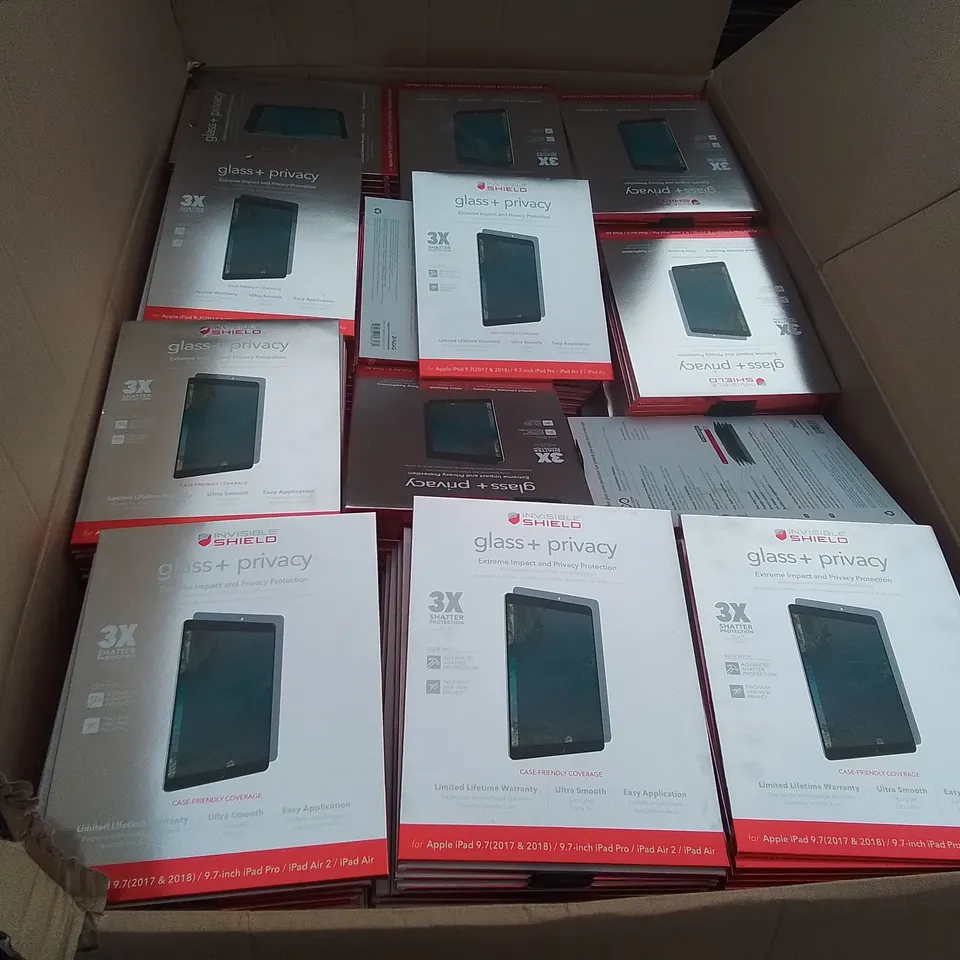 PALLET CONTAINING A LARGE QUANTITY OF BRAND NEW INVISIBLE SHIELD GLASS+ PRIVACY PROTECTORS FOR APPLEIPAD 9.7"