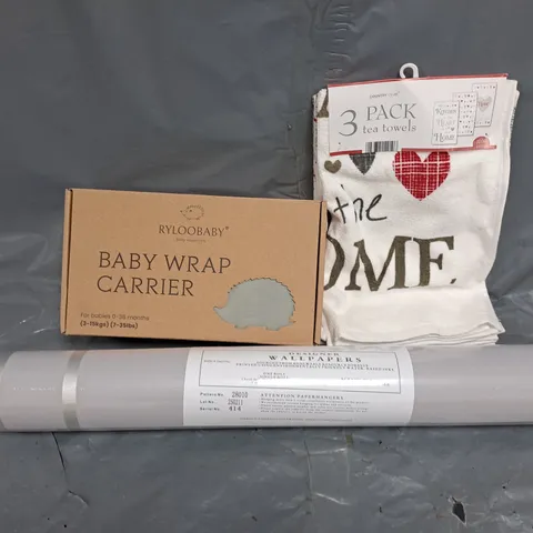 APPROXIMATELY 15 ASSORTED HOUSEHOLD ITEMS TO INCLUDE RYLOOBABY BABY WRAP CARRIER, TEA TOWELS, WALLPAPERS, ETC - COLLECTION ONLY