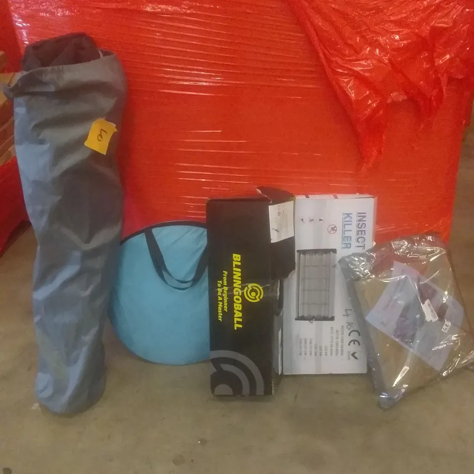 PALLET OF ASSORTED ITEMS INCLUDING CAR THERMAL AND SOUND INSULATER, INSECT KILLER, BLINGOBALL, POP UP TENT, CAMPING CHAIR 