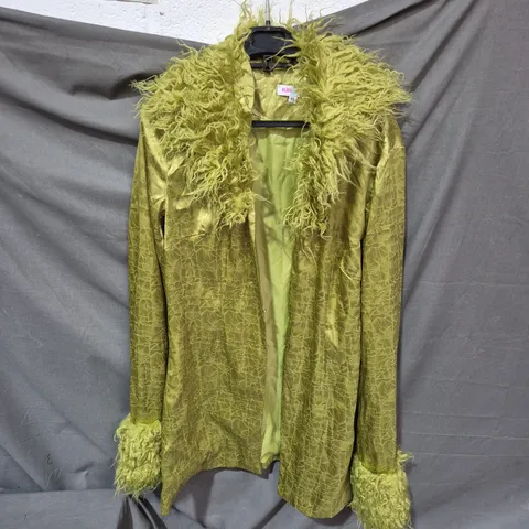 ELSIE FRED COAT – OLIVE GREEN JACQUARD WITH FAUX FUR TRIM, SIZE XL