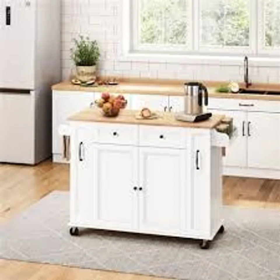 BOXED YAHEETECH KITCHEN CART WITH DROP-LEAF BREAKFAST BAR - WHITE (3 BOXES)