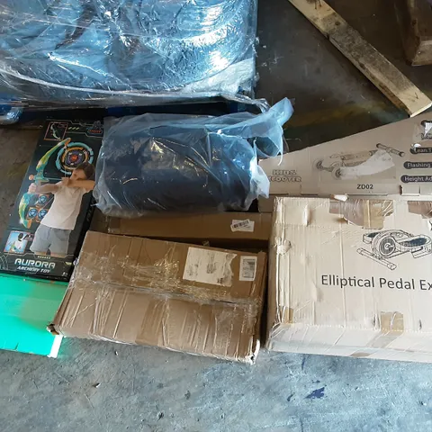PALLET OF ASSORTED PRODUCTS INCLUDING ELLIPTICAL PEDAL EXERCISER, AURORA ARCHERY SET, KIDS SCOOTER, E&WOMA KEYBOARD AND MOUSE SET, SCREEN PROTECTOR, BOXWOOD HEDGE