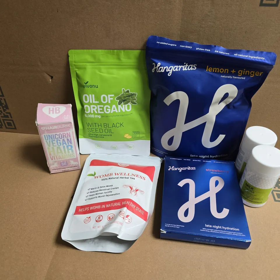 APPROXIMATELY 12 ASSORTED VITAMIN/HEALTH AID PRODUCTS TO INCLUDE HANGARITAS LATE NIGHT HYDRATION, WOMB WELLNESS HERBAL TEA, UNICORN VEGAN HAIR VITAMINS, ETC - COLLECTION ONLY