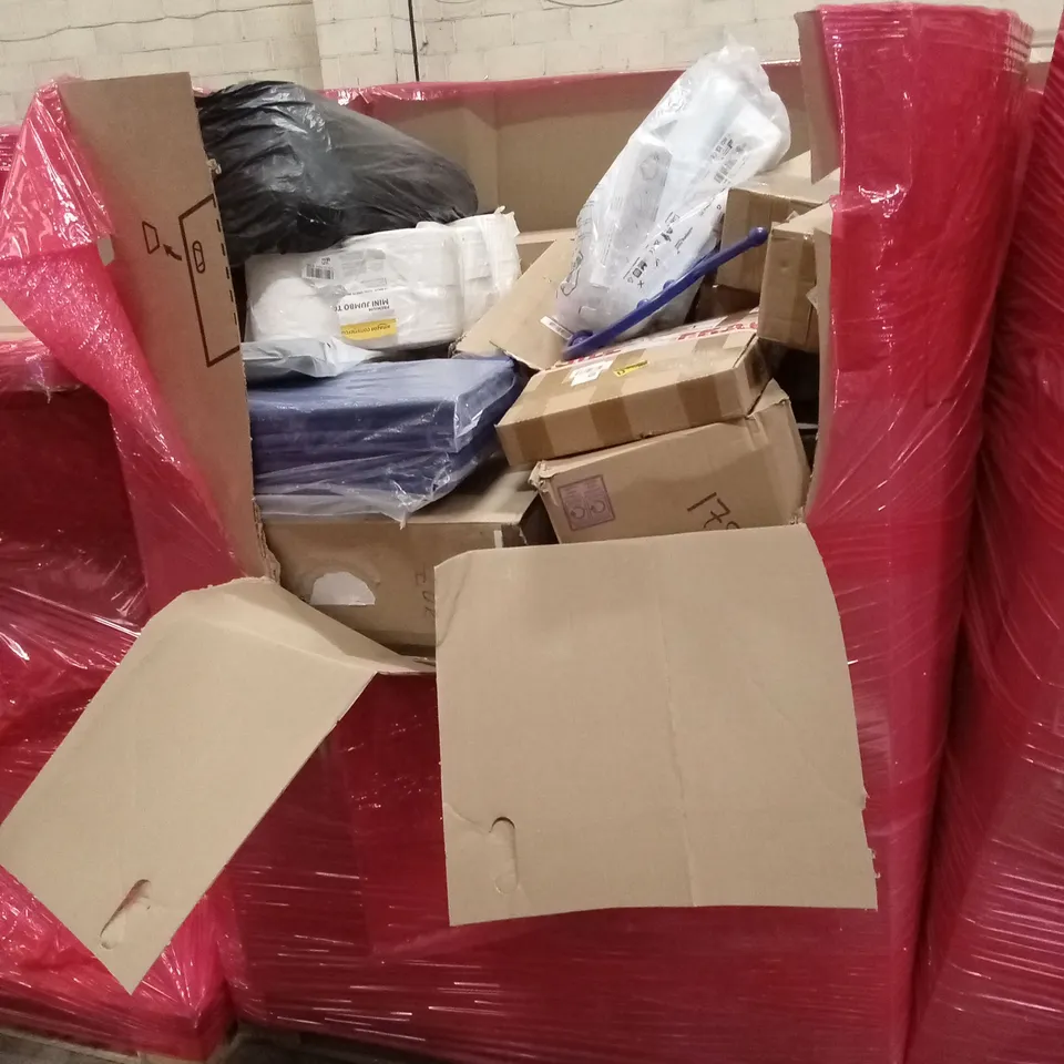 PALLET OF ASSORTED HOUSEHOLD GOODS AND PRODUCTS TO INCLUDE; TOILET ROLL, DINOSAUR YURT, COAT HANGER ETC