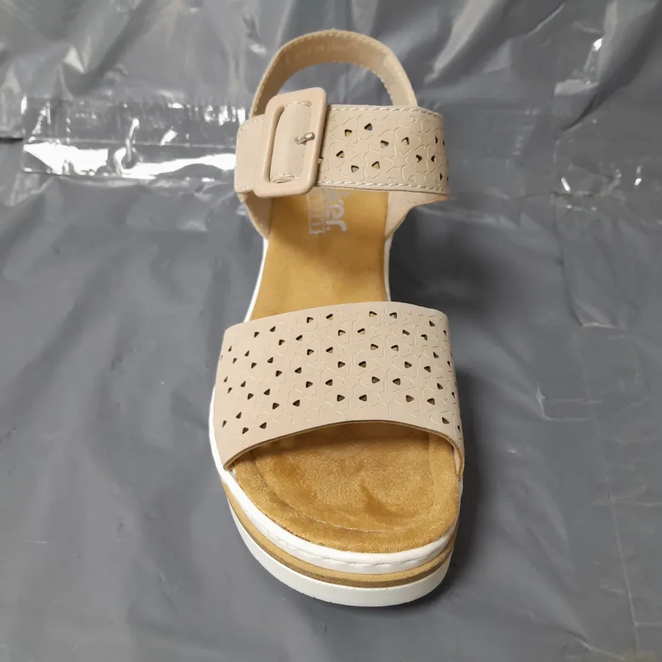 BOXED PAIR OF RIEKER OPEN TOE WEDGE SANDALS IN TAUPE SIZE 7.5