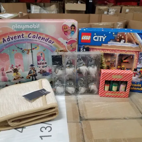 PALLET CONTAINING ASSORTED PRODUCTS INCLUDING PLAYMOBIL & LEGO ADVENT CALENDARS, FRAGRANCE OILS, CHRISTMAS BAUBLES & OVEN GLOVES