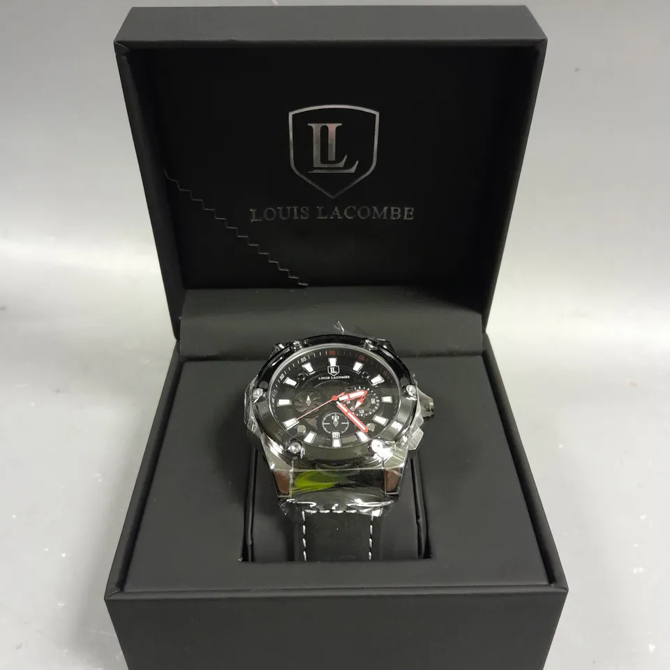 MENS LOUIS LACOMBE CHRONGRAPH WATCH – 3 SUB DIALS – SILVER COLOUR CASE – LEATHER STRAP