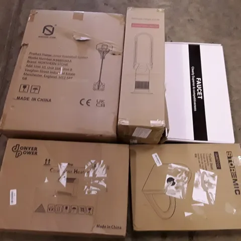 PALLET OF ASSORTED PRODUCTS INCLUDING JUNIOR BASKETBALL SYSTEM, BLADELESS PURIFIER & HEATER FAN, FAUCET, CONVECTOR HEATER, TOILET SEAT, PRESSURE COFFEE MACHINE