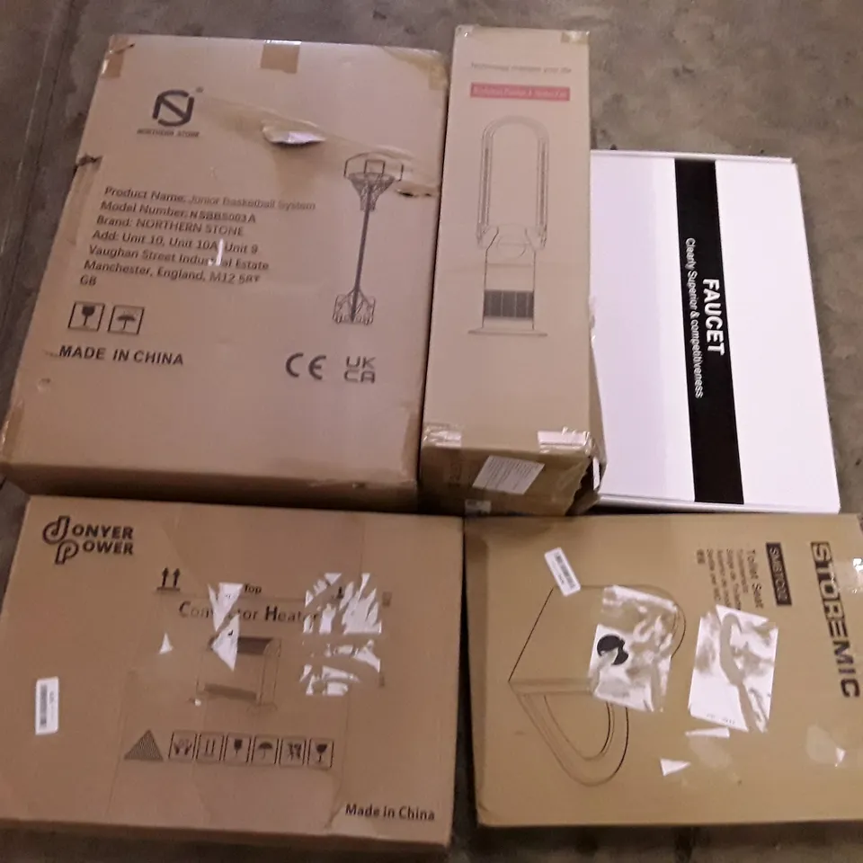 PALLET OF ASSORTED PRODUCTS INCLUDING JUNIOR BASKETBALL SYSTEM, BLADELESS PURIFIER & HEATER FAN, FAUCET, CONVECTOR HEATER, TOILET SEAT, PRESSURE COFFEE MACHINE