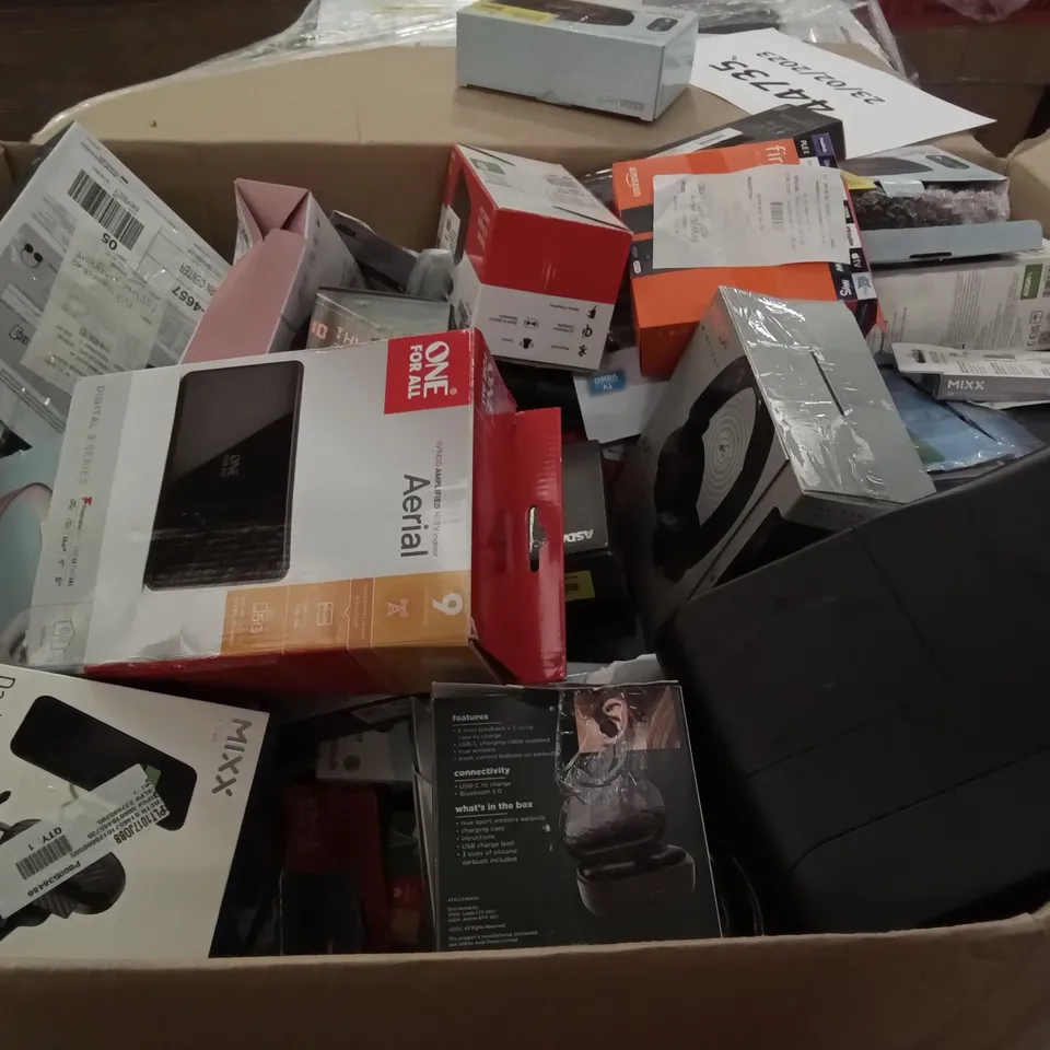 PALLET OF ASSORTED ELECTRONICS INCLUDING JVC HEADPHONES, SHARP PARTY SPEAKER SYSTEM,  POLAROID CD PLAYER, HDMI DVD PLAYER WITH REMOTE, ONN PORTABLE AM/FM RADIO, CANON PIXMA 