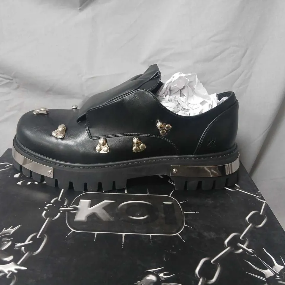 KOI BLACK LEATHER LOAFERS WITH METAL STUDS AND CHUNKY LUG SOLE UK 9 