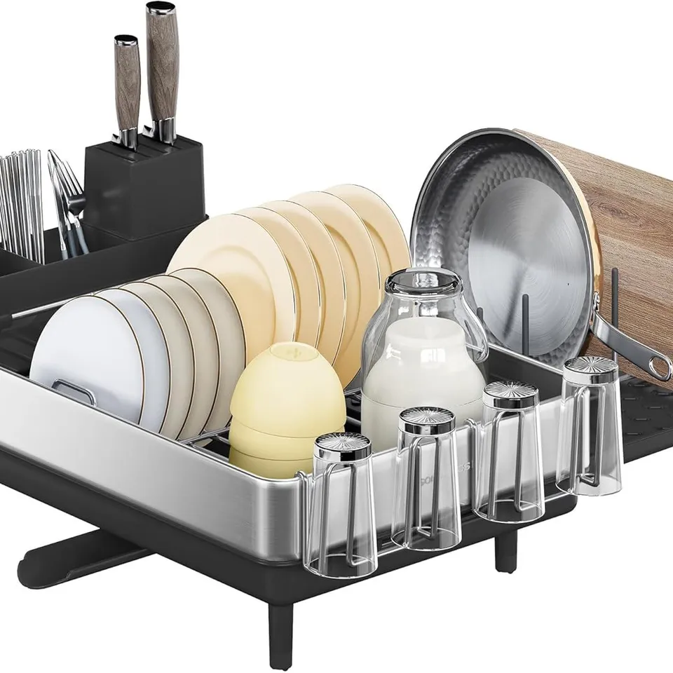 BOXED SONGMICS DISH DRAINER RACK, EXPANDABLE DISH DRYING RACK, STAINLESS STEEL KITCHEN DISH RACK WITH ROTATABLE SPOUT, UTENSIL, CUP, GLASS, CUTTING BOARD AND PAN HOLDERS, SILVER AND BLACK