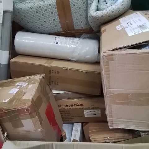 PALLET OF ASSORTED HOUSEHOLD GOODS AND PRODUCTS TO INCLUDE; FOLDING GAZEBO, RUGS, BLINDS, BOXED FURNITURE ETC