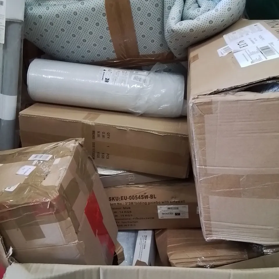PALLET OF ASSORTED HOUSEHOLD GOODS AND PRODUCTS TO INCLUDE; FOLDING GAZEBO, RUGS, BLINDS, BOXED FURNITURE ETC