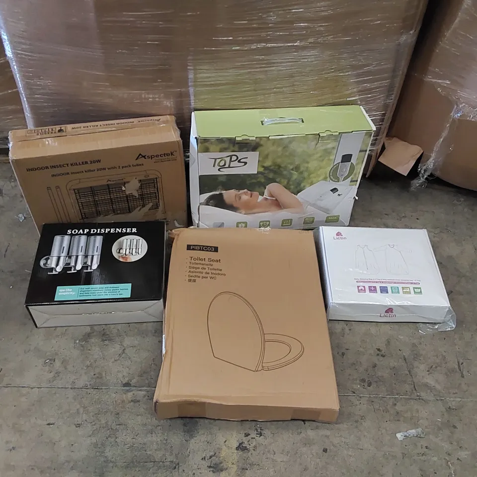 PALLET OF ASSORTED ITEMS INCLUDING: ELECTRIC BLANKET, INSECT KILLER. SOAP DISPENSERS, TOILET SEAT, BABY SLEEPING BAG