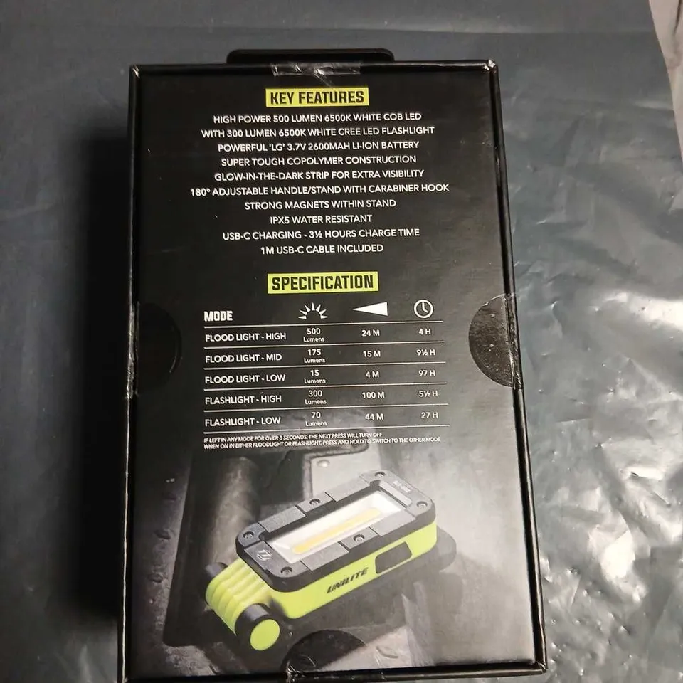 UNILITE LED FLOOD LIGHT SLR-500 – 500 LUMEN RECHARGEABLE WORK LIGHT (BOXED)