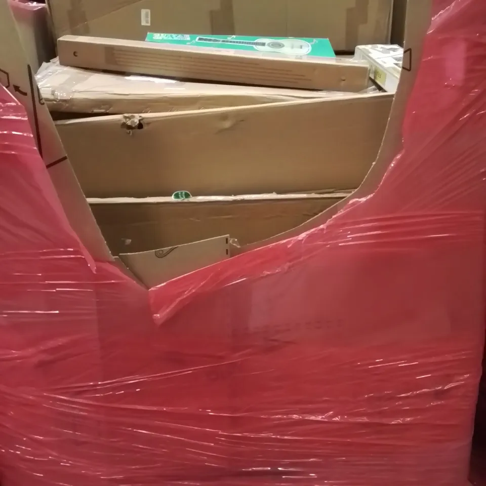 PALLET CONTAINING VARIOUS ASSORTED BOXED HOUSEHOLD ITEMS TO INCLUDE: KIDS GUITAR, FRAMING TOOL, PVC CHAIR MAT, MIRRORS AND LOTS MORE UNMARKED BOXED ITEMS 