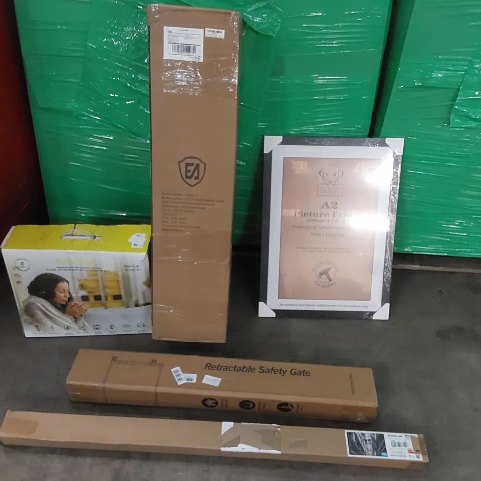 PALLET OF ASSORTED CONSUMER PRODUCTS TO INCLUDE: HEATED BLANKET, RETRACTABLE SAFETY GATE, FOLDING CHAIR, LED BATTERN LIGHT, PICTURE FRAMES ECF