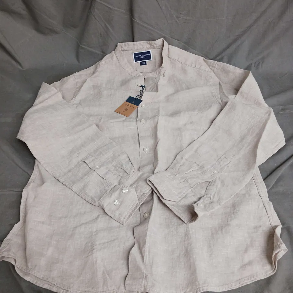 CHARLES TYRWHITT BUTTON UP LINEN SLIM FIT COLLARLESS SHIRT IN OATMEAL SIZE M