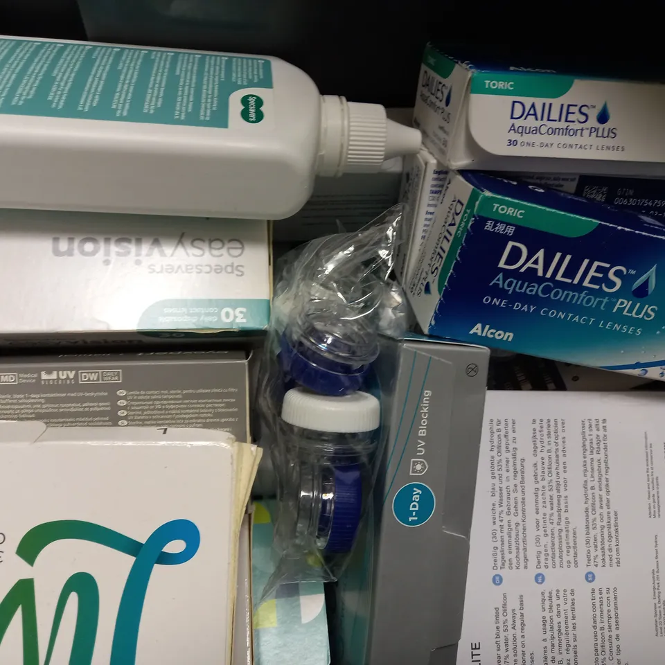 BOX OF APPROX 25 ASSORTED CONTACT LENSES AND CONTACT LENSE SOLUTIONS