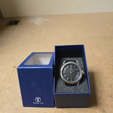 TALIS CO. WRISTWATCH – BLACK DIAL BLACK LEATHER STRAP, SILVER CASE