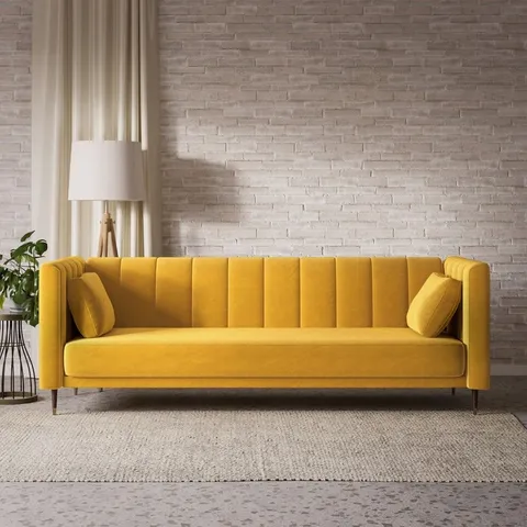 BOXED MABEL 3 SEATER SOFA BED 2 CUSHIONS  -MUSTARD VELVET- (2 BOXES) 