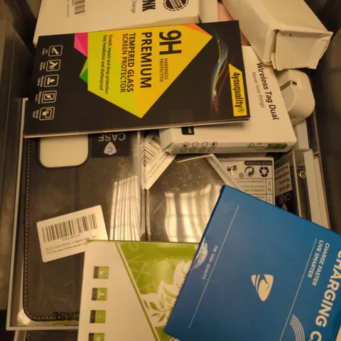BOX CONTAINING A MIX OF APPROXIMATELY 20 ITEMS INCLUDING CHARGERS, PHONE CASES, POWER BANKS ETC.