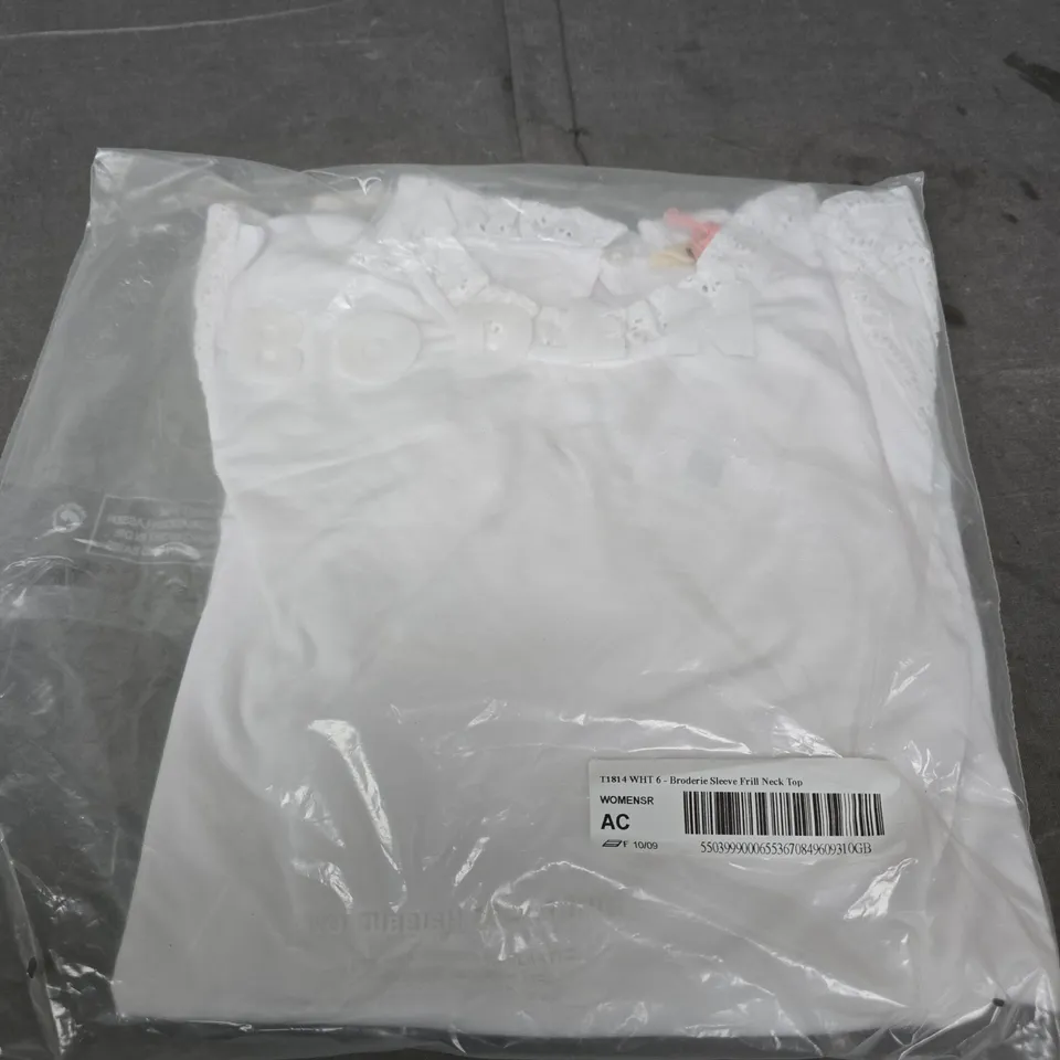 BODEN UK 6 WOMEN'S WHITE BRODERIE SLEEVE FRILL NECK TOP