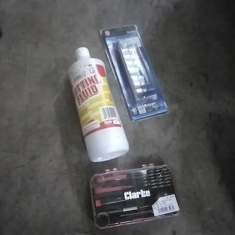 BOX OF ASSORTED TOOLS SUPPLIES TO INCLUDE;CLARKE REPAIR KIT,TORX SET,CUTTING FLUID,ETC