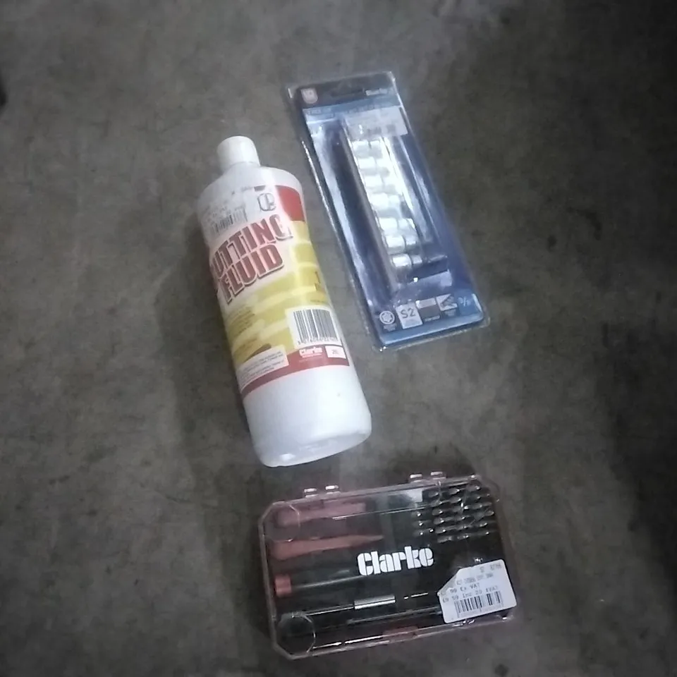 BOX OF ASSORTED TOOLS SUPPLIES TO INCLUDE;CLARKE REPAIR KIT,TORX SET,CUTTING FLUID,ETC