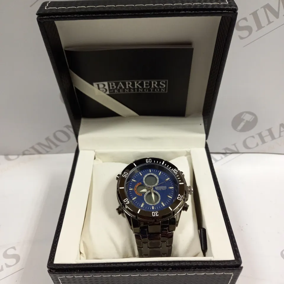 BOXED BARKERS OF KENSINGTON PREMIER SPORT BLUE DIAL WATCH 