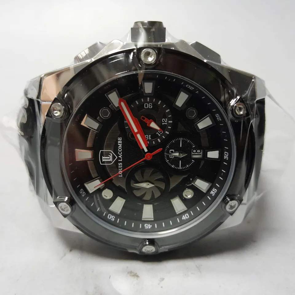 MENS LOUIS LACOMBE CHRONGRAPH WATCH – 3 SUB DIALS – SILVER COLOUR CASE – LEATHER STRAP