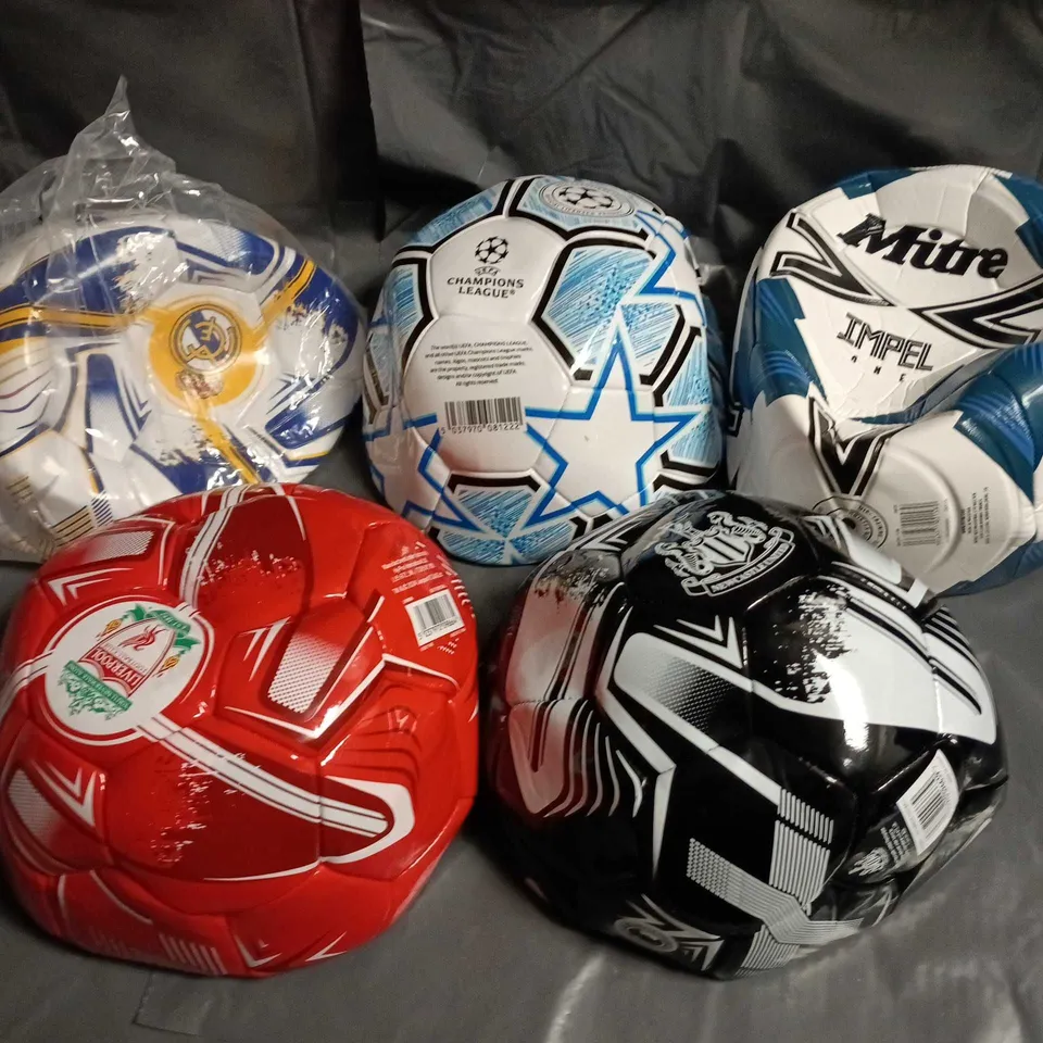 SET OF 5 FOOTBALLS (SOCCER BALLS) – BRANDED MIX INCL. MITRE & CHAMPIONS LEAGUE DESIGN