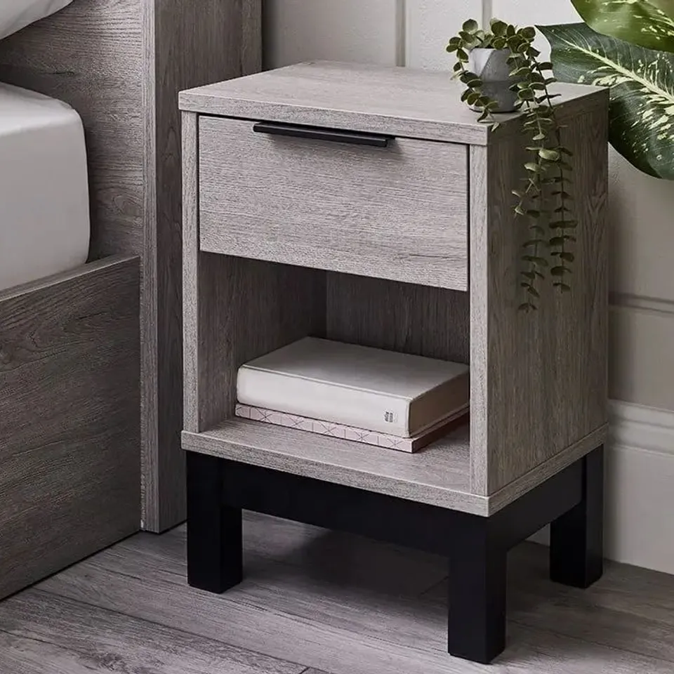 BOXED BALI 1 DRAWER BEDSIDE CABINET GREY OAK
