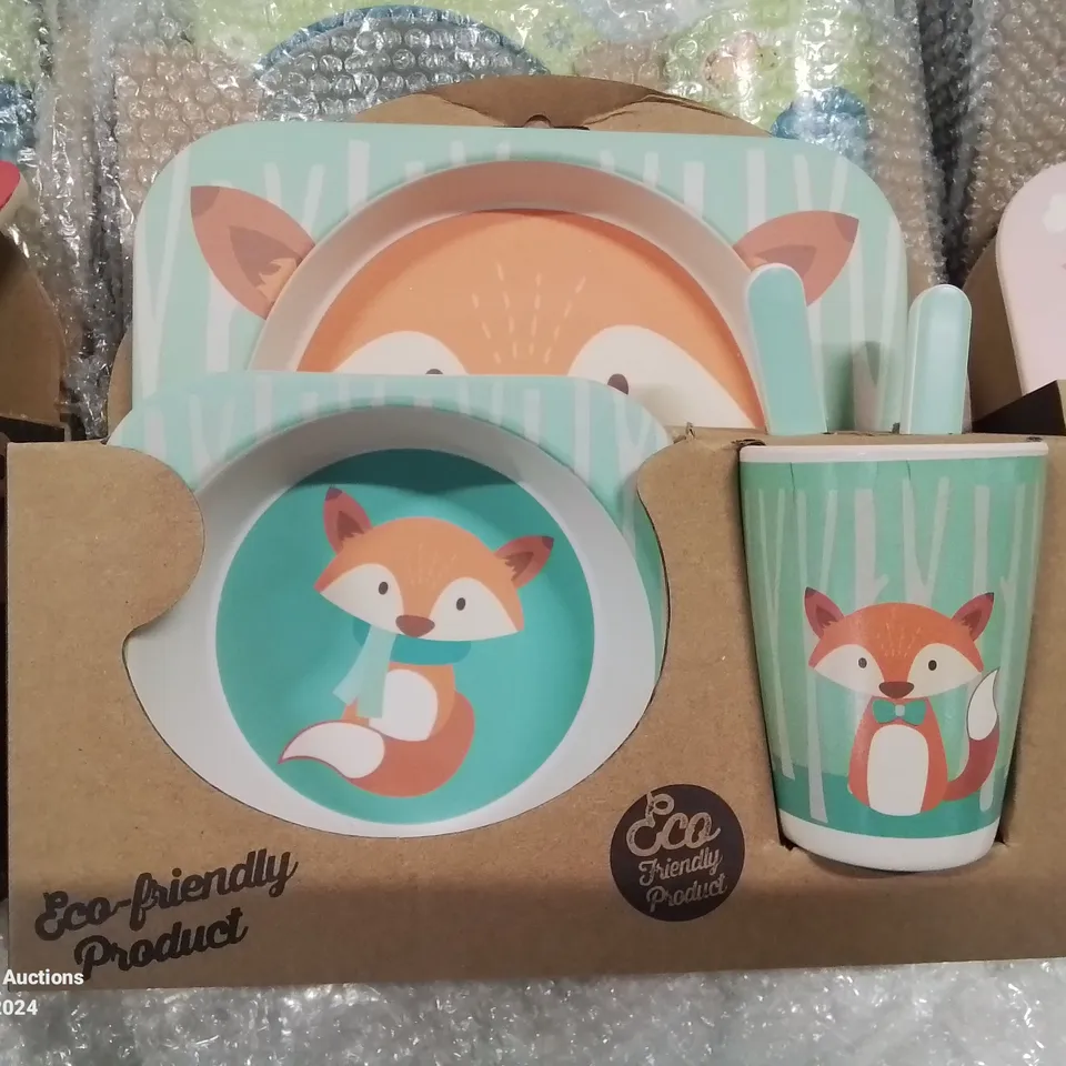 12 SETS OF CHILDREN'S ECO FRIENDLY PLATE, BOWL, CUP AND CUTLERY SETS.