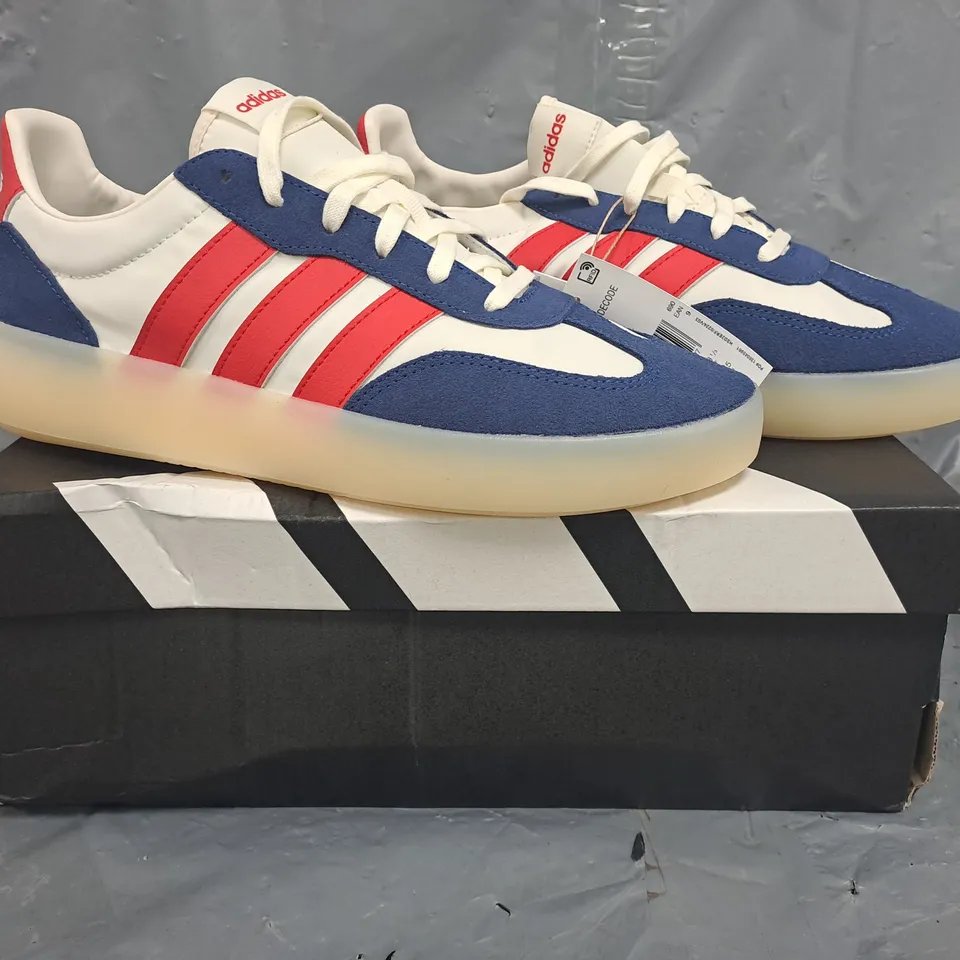 BOXED PAIR OF ADIDAS BARREDA DECODE TRAINERS IN WHITE/BLUE/RED SIZE UK 9