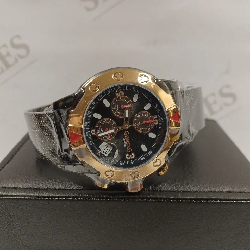 GAMAGES OF LONDON LIMITED EDITION HAND ASSEMBLED MECHANICAL QUARTZ INDUSTRIAL BLACK WATCH RRP £825