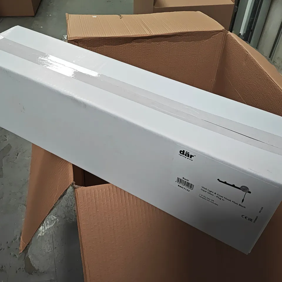 BOXED DAR RACK WALL LIGHT & COAT HOOK IN MATT BLACK AND OPAL GLASS - PLUG IN