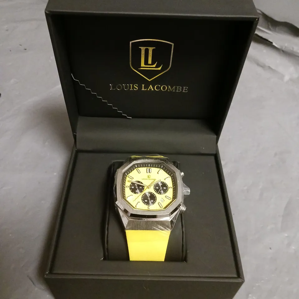 LOUIS LACOMBE YELLOW DIAL CHRONOGRAPH STAINLESS STEEL GENTS WATCH WITH YELLOW RUBBER STRAP IN BOX