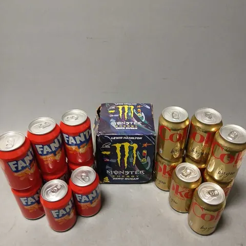 APPROXIMATELY 20 ASSORTED DRINKS TO INCLUDE MONSTER LEWIS HAMILTON ZERO SUGAR (500ml, DIET COKE BREAK NO CAFFEINE (330ml), FANTA FRUIT TWIST (330ml), ETC - COLLECTION ONLY