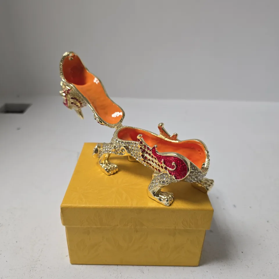 GOLD-TONE CRYSTAL DRAGON FIGURINE WITH RED ENAMEL ACCENTS