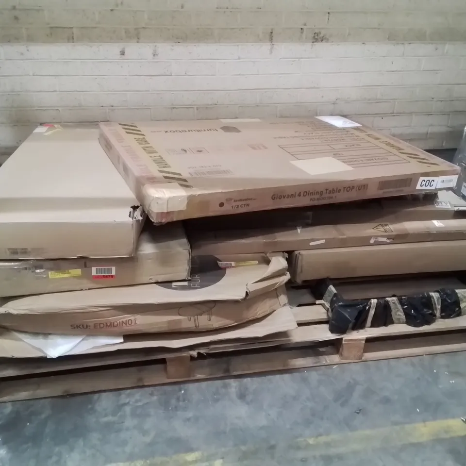 PALLET OF ASSORTED INCOMPLETE FURNITURE PARTS AND PIECES