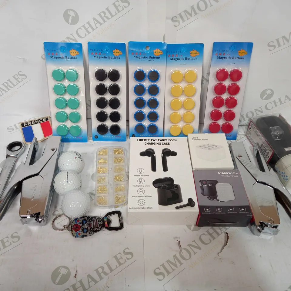 BOX TO CONTAIN APPROX 30 X ASSORTED HOUSEHOLD PRODUCTS, INCUDES BUTTON MAGNETS, WRENCH, WIRELESS EARPHONES, GOLF BALLS ETC 