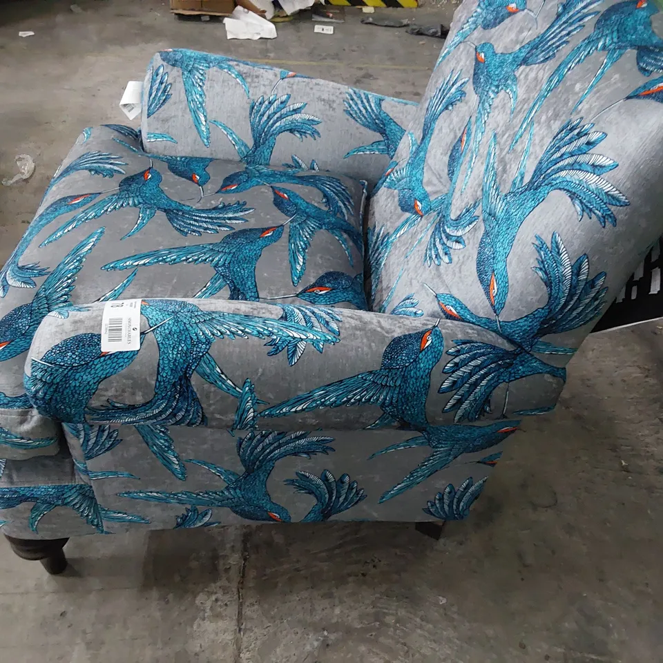 QUALITY BRITISH DESIGNER LOUNGE Co. EASY CHAIR BLUE BIRDS OF PARADISE FABRIC